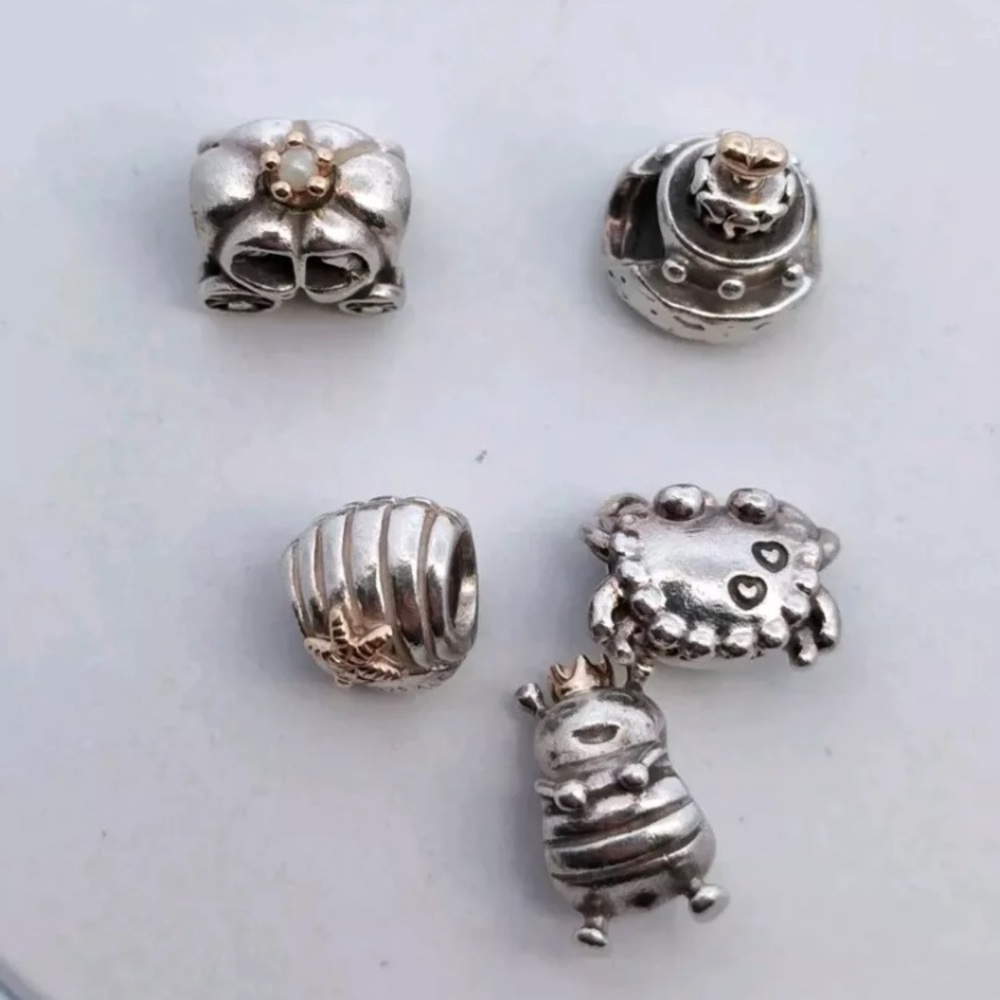 Lot of 5 Sterling Silver PANDORA Charms Beads All with Gold Accents